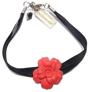 NEW! DOLCE & GABBANA Rose Camellia Bracelet Floral Red Black Logo + Velvet Pouch